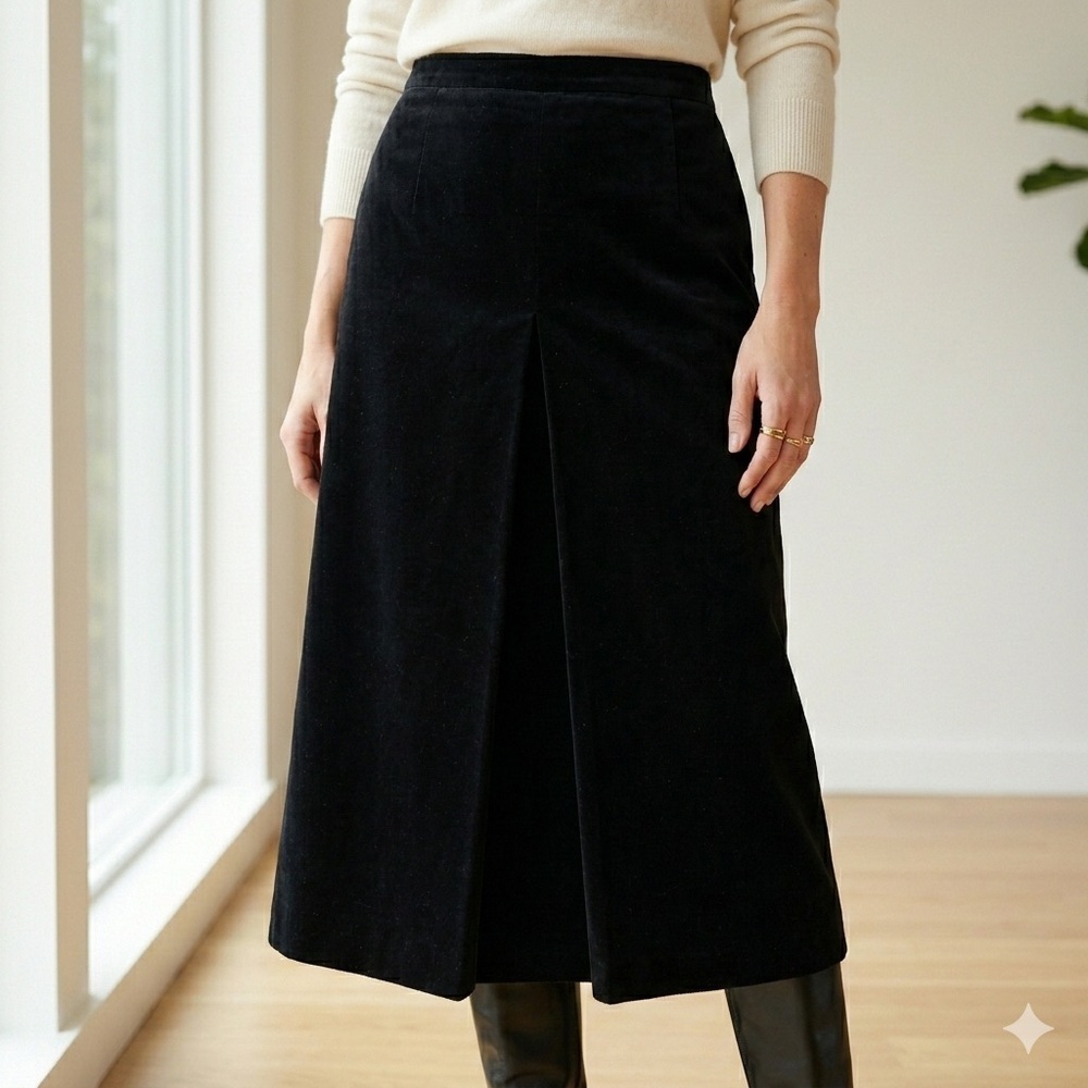 Vintage Christa-Moden Salzburg 1970s Black Cotton Velvet Midi Skirt - US 4 (36)